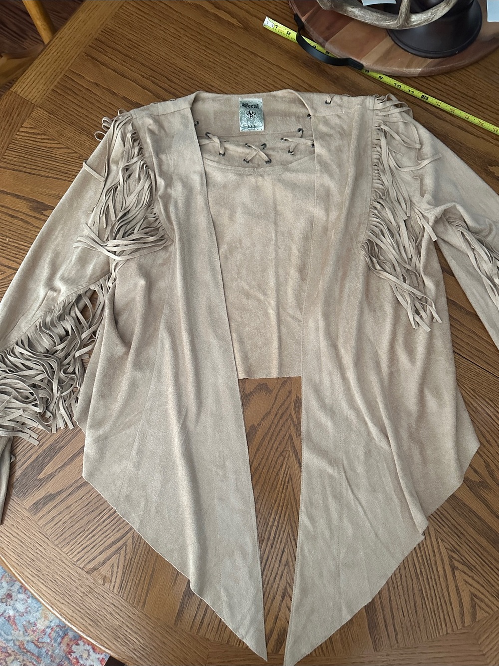 Vocal Fringe Faux Suede Wrap Jacket Beige | Western Boho Style